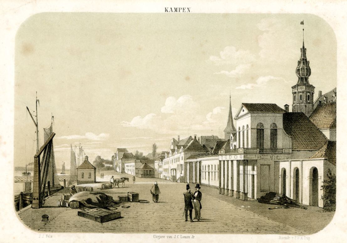 Plaatje bij verhaal: Gezicht aan de kade bij de IJsselbrug in Kampen, ca. 1850. (Stadsarchief Kampen)