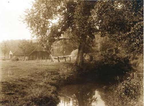 Oude foto van de omgeving bij het erve Pigge aan de Piggelanden bij Weleveld. Op de voorgrond de Oude Bornse Beek