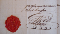 Bekijk detail van "GH05847: Lakzegel in rode was van Gerrit Jan Crull, griffier van 't Vredegerecht Hardenberg (rechtbank)"