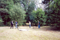 Bekijk detail van "Vrijwilligers helpen bij het handmatig hooien van het weiland aan het Appellaantje: afvoeren van het hooi op 'vliegende tapijten'."