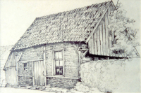 Bekijk detail van "Tekening van Jan Jans: oud huisje in Denekamp."