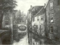 Bekijk detail van "Een schilderij van <span class="highlight">schilder</span> Piet Kleinschmit: Huizen aan een gracht."