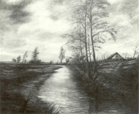 Bekijk detail van "Een schilderij van <span class="highlight">schilder</span> Piet Kleinschmit: onbekend landschap met boerderij."