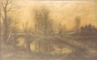 Bekijk detail van "Een schilderij van <span class="highlight">schilder</span> Piet Kleinschmit: een riviertje met brug."