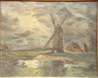 Bekijk detail van "Een schilderij van <span class="highlight">schilder</span> Piet Kleinschmit: een waterlandschap met molen."