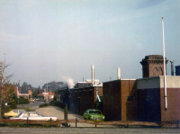 Bekijk detail van "De Laagsestraat in 1983 met een stukje van de oude fabrieksschoorsteen van de Twentse Damast-, Linnen en Katoenfabriek."