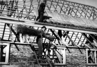 Bekijk detail van "'Dakdekkers' bekleden het dak van De Blokhut met riet: “veel rommel en werk maar het dak komt erop.”"