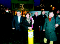 Bekijk detail van "Wethouder Loes Stokkelaar ontsteekt  de nieuwe gevelverlichting van het oude stadhuis."