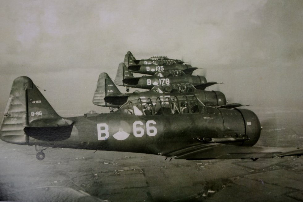 Bekijk detail van "HV04552: Oud Hardenberger Jerry de Witt gefotografeerd als piloot in een Harvard lesvliegtuig (de B66)  in formatie ergens boven de Veluwe."