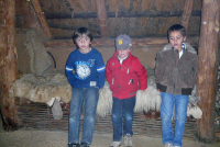 Bekijk detail van "Kinderen bij de slaapplaatsen met dierenhuiden in de bronstijdhoeve in Uelsen."