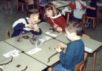 Bekijk detail van "Kleuters op de Jozefschool rijgen rozijntjes aan voor de palmpasen."