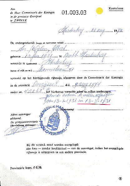 Bekijk detail van "Verzoek wijziging geboortedatum op <span class="highlight">rijbewijs</span> van Albert ter Wijlen"