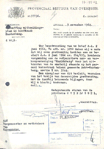 Bekijk detail van "Goedkeuring uitbreiding Coöperatie Mariënberg 1964"