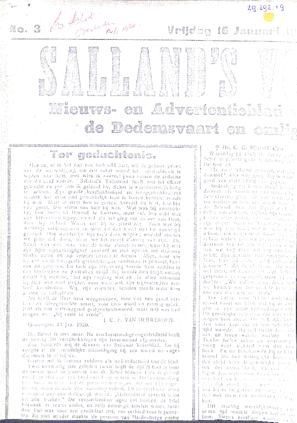Bekijk detail van "Overlijden Ds. Schot 10-01-1920"