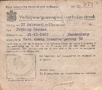 Bekijk detail van "Verblijfsvergunning verboden strook Herman Frijling, geboren 21-12-1902, wonende <span class="highlight">Gramsbergerweg</span> 38"