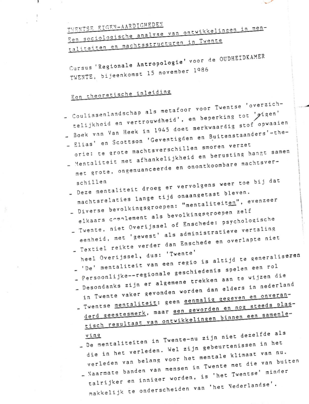 Bekijk detail van "Twentse Eigen-Aardigheden Een sociologische analyse: 14-11-1986."