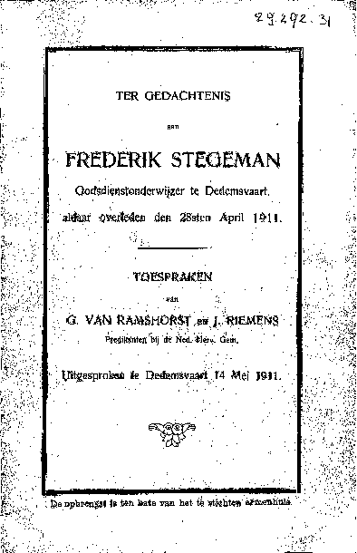 Bekijk detail van "Ter gedachtenis Frederik Stegeman, godsdienstonderwijzer te Dedemsvaart"