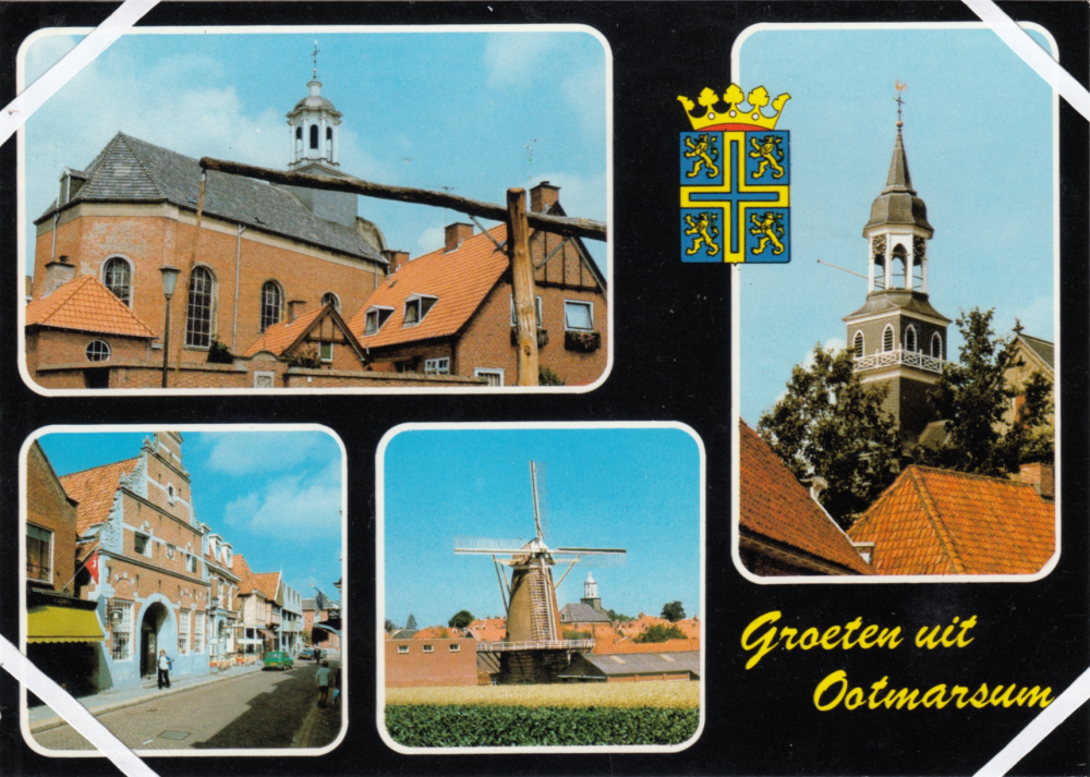 Bekijk detail van ""Groeten uit Ootmarsum", verzamelansichtkaart van Ootmarsum met in het midden het stadswapen."