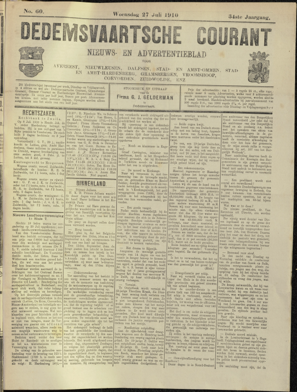 Bekijk detail van "Dedemsvaartsche Courant 27/7/1910 pagina 1 van 4<br xmlns:atlantis="urn:atlantis" />"
