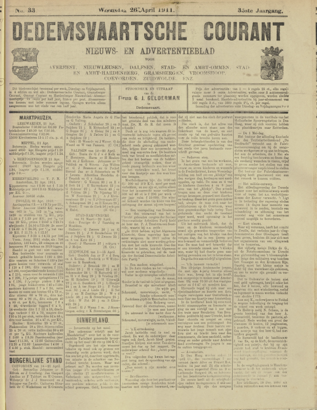 Bekijk detail van "Dedemsvaartsche Courant 26/4/1911 pagina 1 van 4<br xmlns:atlantis="urn:atlantis" />"