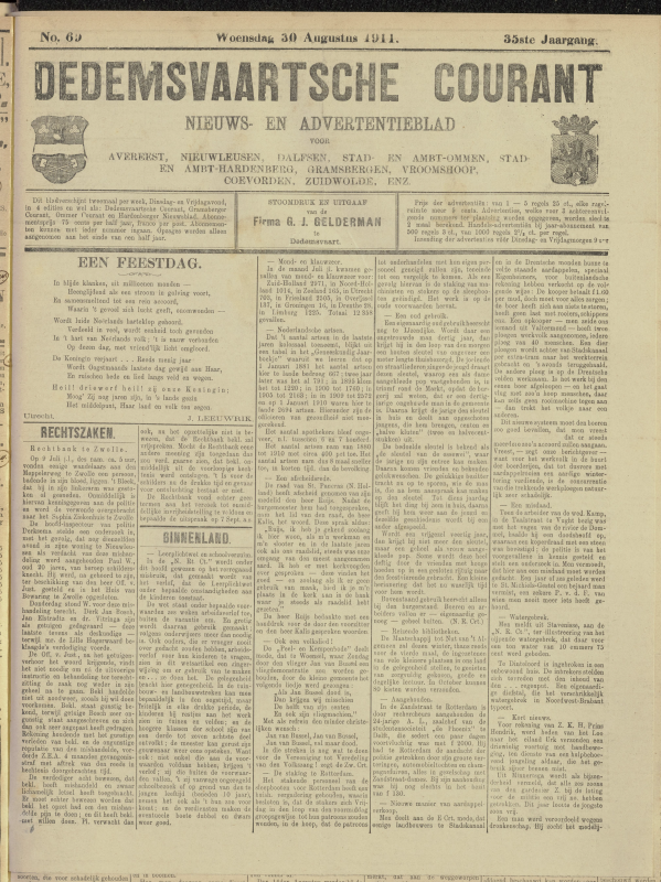 Bekijk detail van "Dedemsvaartsche Courant 30/8/1911 pagina 1 van 12<br xmlns:atlantis="urn:atlantis" />"