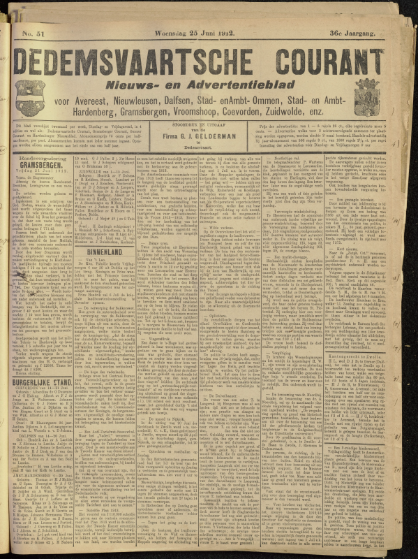 Bekijk detail van "Dedemsvaartsche Courant 25/6/1912 pagina 1 van 4<br xmlns:atlantis="urn:atlantis" />"