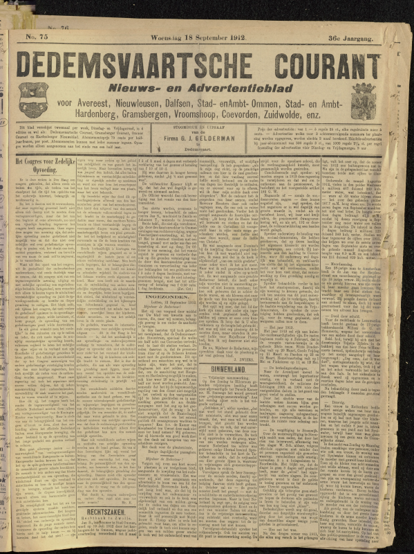 Bekijk detail van "Dedemsvaartsche Courant 18/9/1912 pagina 1 van 4<br xmlns:atlantis="urn:atlantis" />"