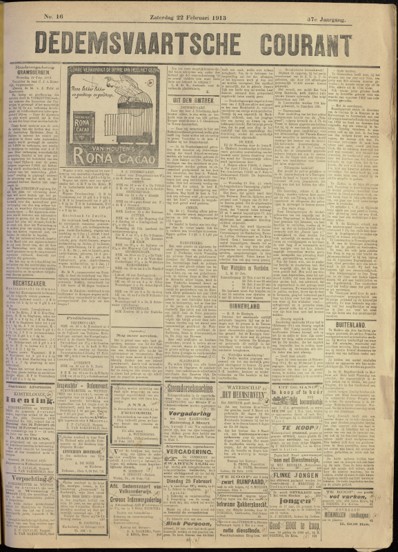 Bekijk detail van "Dedemsvaartsche Courant 22/2/1913 pagina 1 van 4<br xmlns:atlantis="urn:atlantis" />"