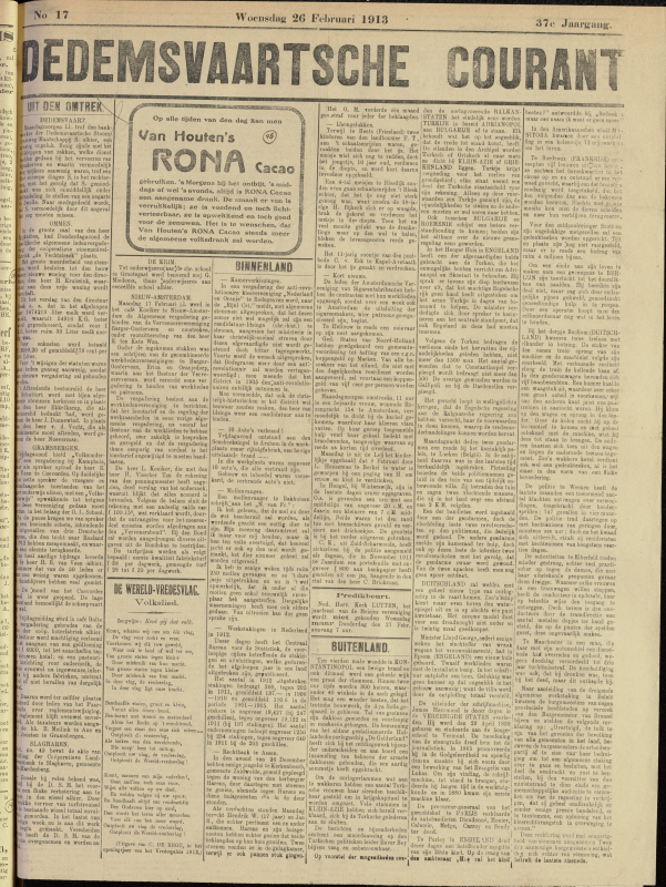 Bekijk detail van "Dedemsvaartsche Courant 26/2/1913 pagina 1 van 4<br xmlns:atlantis="urn:atlantis" />"
