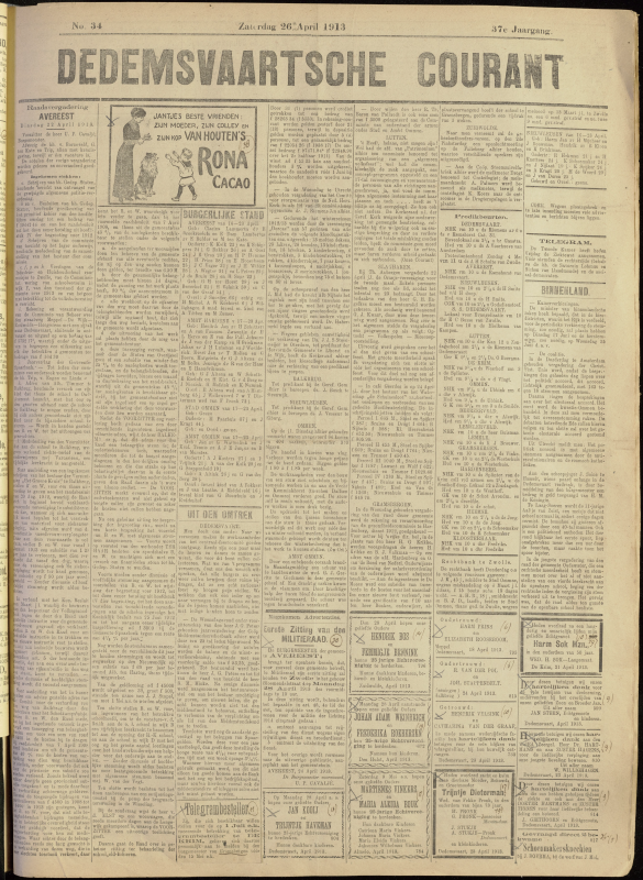 Bekijk detail van "Dedemsvaartsche Courant 26/<span class="highlight">4</span>/1913 pagina 1 van <span class="highlight">4</span><br xmlns:atlantis="urn:atlantis" />"