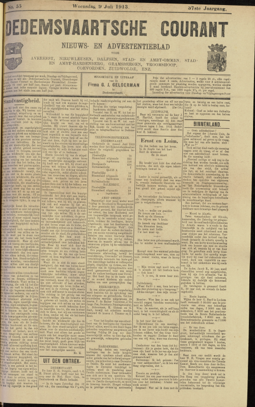 Bekijk detail van "Dedemsvaartsche Courant 9/7/1913 pagina 1 van 4<br xmlns:atlantis="urn:atlantis" />"