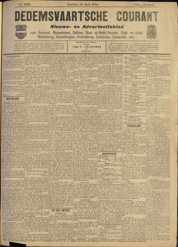 Bekijk detail van "Dedemsvaartsche Courant 18/4/1914 pagina 1 van 4<br xmlns:atlantis="urn:atlantis" />"
