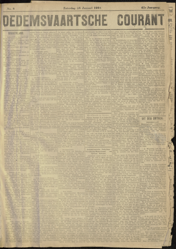 Bekijk detail van "Dedemsvaartsche Courant 26/1/1918 pagina 1 van 4<br xmlns:atlantis="urn:atlantis" />"