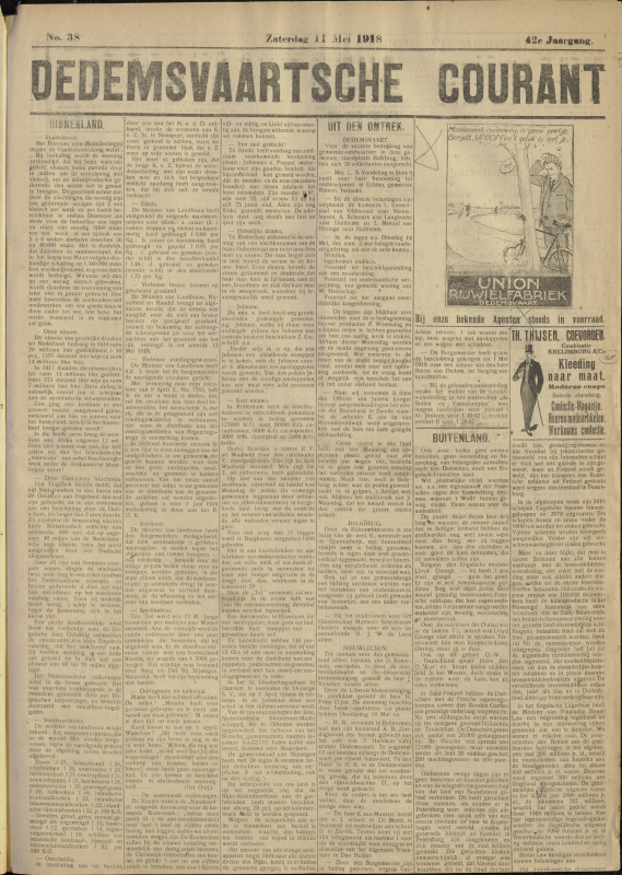 Bekijk detail van "Dedemsvaartsche Courant 11/5/1918 pagina 1 van 4<br xmlns:atlantis="urn:atlantis" />"