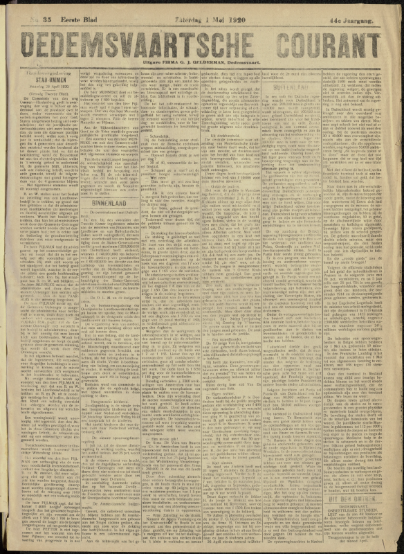 Bekijk detail van "Dedemsvaartsche Courant 1/5/1920 pagina 1 van 4<br xmlns:atlantis="urn:atlantis" />"