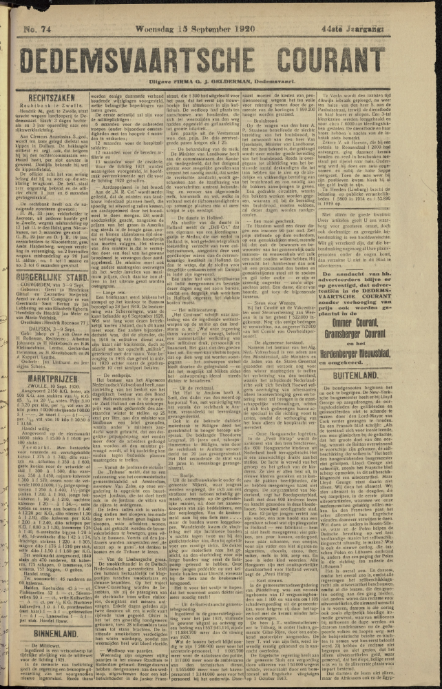 Bekijk detail van "Dedemsvaartsche Courant 15/9/1920 pagina 1 van 4<br xmlns:atlantis="urn:atlantis" />"