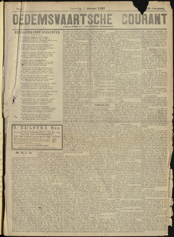 Bekijk detail van "Dedemsvaartsche Courant 1/1/1921 pagina 1 van 4<br xmlns:atlantis="urn:atlantis" />"