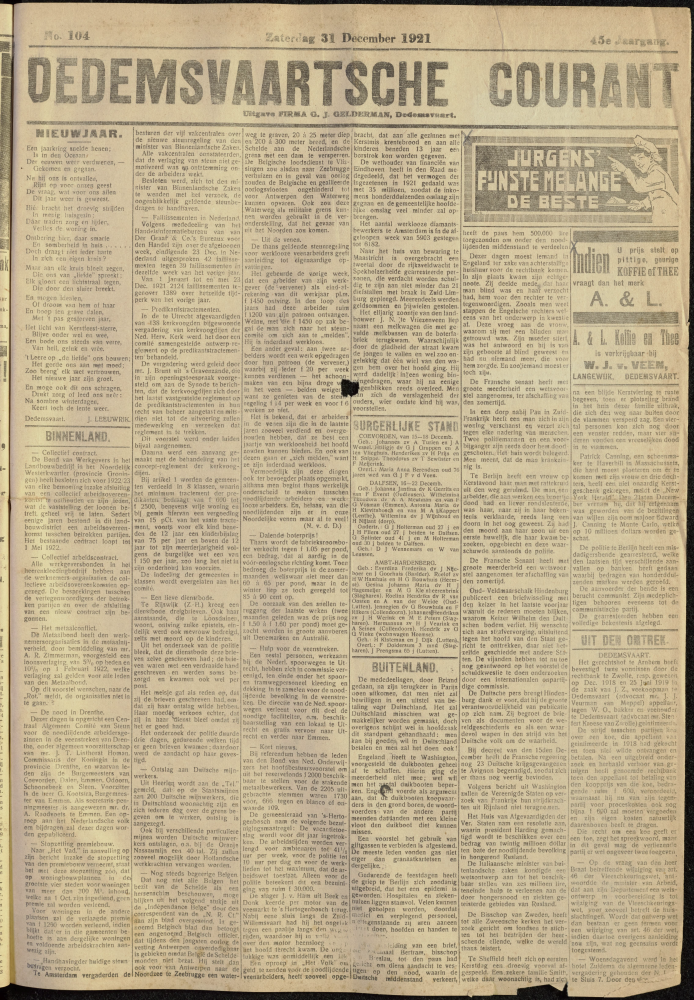 Bekijk detail van "Dedemsvaartsche Courant 31/12/1921 pagina 1 van 4<br xmlns:atlantis="urn:atlantis" />"