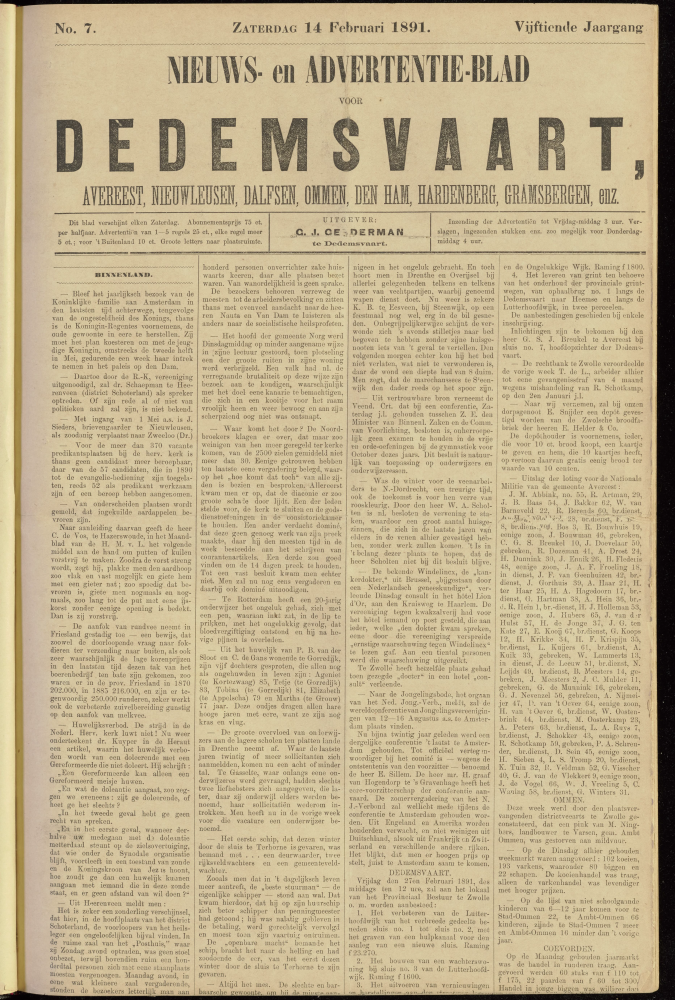 Bekijk detail van "Dedemsvaartsche Courant 14/2/1891 pagina 1 van 4<br xmlns:atlantis="urn:atlantis" />"