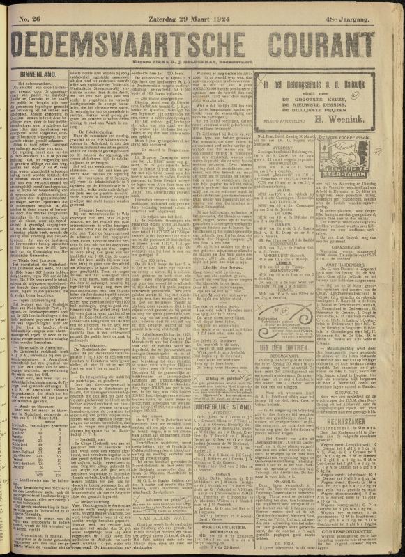 Bekijk detail van "Dedemsvaartsche Courant 29/3/1924 pagina 1 van 6<br xmlns:atlantis="urn:atlantis" />"