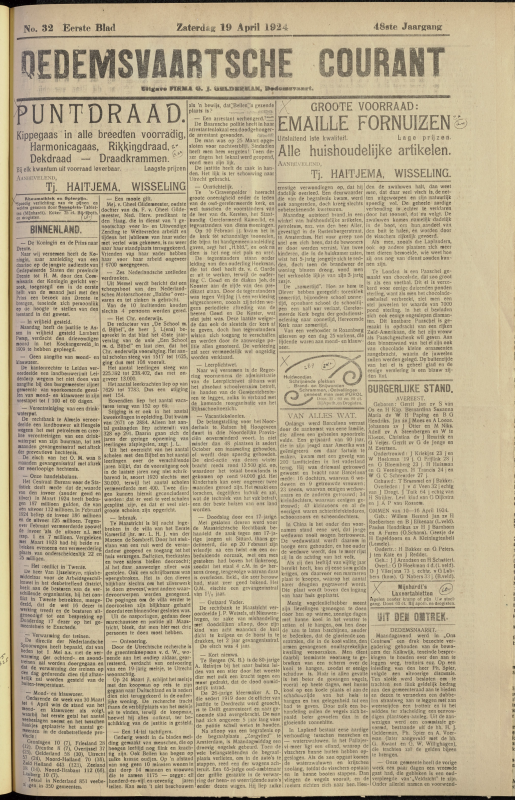 Bekijk detail van "Dedemsvaartsche Courant 19/4/1924 pagina <span class="highlight">1</span> van 8<br xmlns:atlantis="urn:atlantis" />"