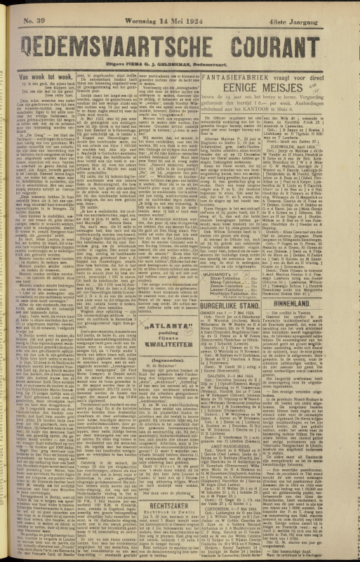 Bekijk detail van "Dedemsvaartsche Courant 14/5/1924 pagina <span class="highlight">1</span> van 4<br xmlns:atlantis="urn:atlantis" />"