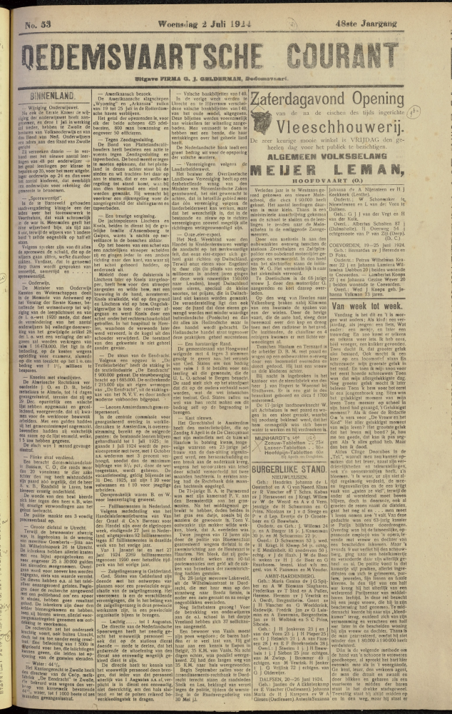 Bekijk detail van "Dedemsvaartsche Courant 2/7/1924 pagina 1 van 4<br xmlns:atlantis="urn:atlantis" />"