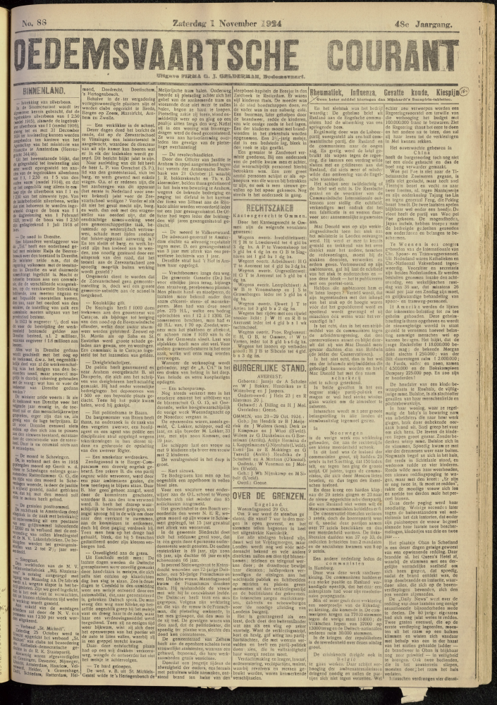 Bekijk detail van "Dedemsvaartsche Courant 1/11/1924 pagina 1 van 4<br xmlns:atlantis="urn:atlantis" />"