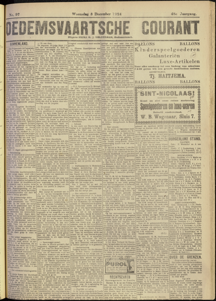 Bekijk detail van "Dedemsvaartsche Courant 3/12/1924 pagina 1 van 4<br xmlns:atlantis="urn:atlantis" />"