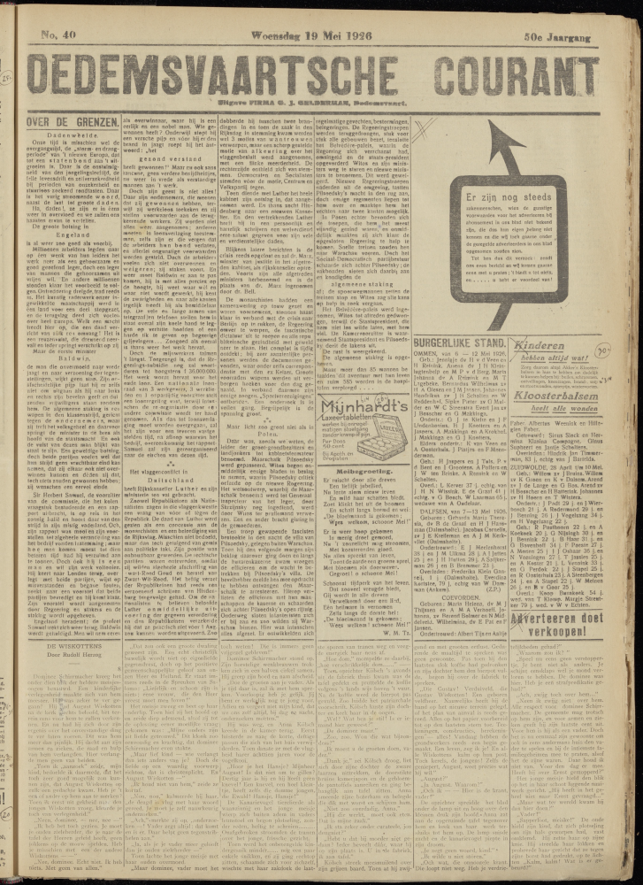 Bekijk detail van "Dedemsvaartsche Courant 19/5/1926 pagina 1 van 4<br xmlns:atlantis="urn:atlantis" />"
