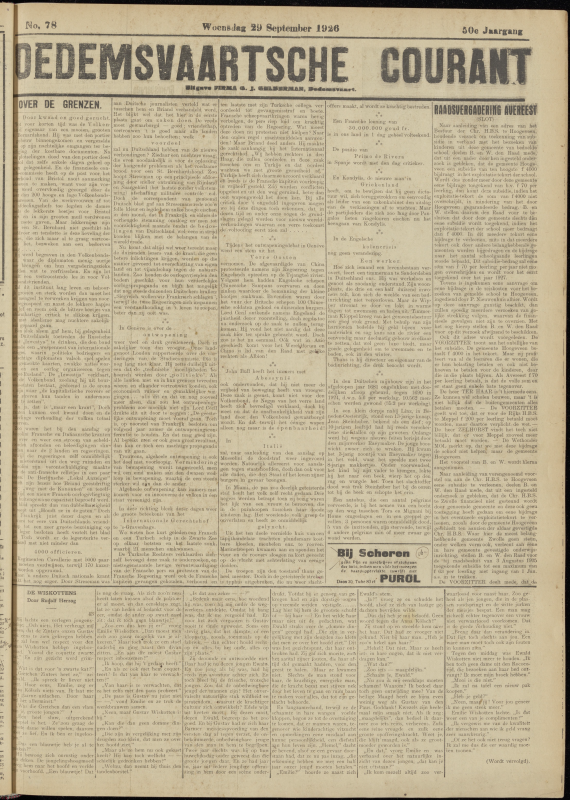 Bekijk detail van "Dedemsvaartsche Courant 29/9/1926 pagina 1 van 4<br xmlns:atlantis="urn:atlantis" />"