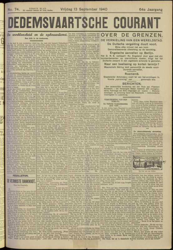Bekijk detail van "Dedemsvaartsche Courant 13/9/1940 pagina 1 van 8<br xmlns:atlantis="urn:atlantis" />"