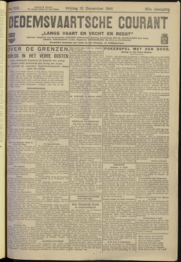 Bekijk detail van "Dedemsvaartsche Courant 12/12/1941 pagina 1 van 6<br xmlns:atlantis="urn:atlantis" />"