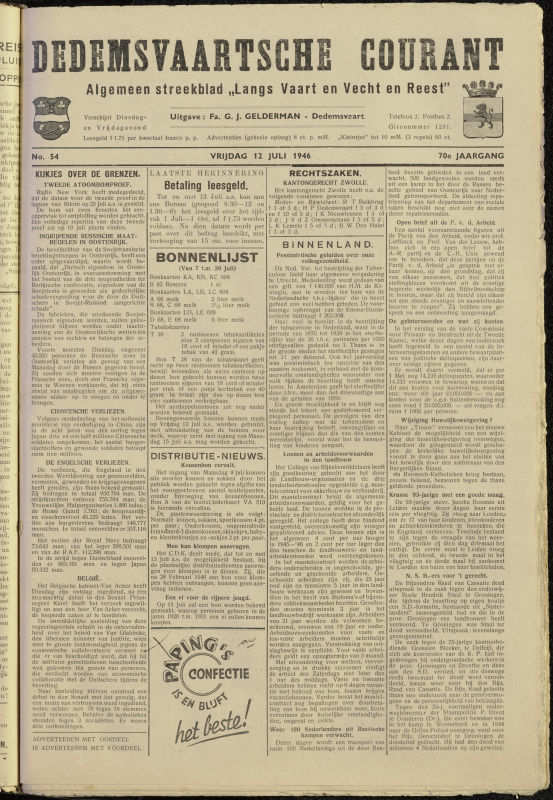 Bekijk detail van "Dedemsvaartsche Courant 12/7/1946 pagina 1 van 4<br xmlns:atlantis="urn:atlantis" />"